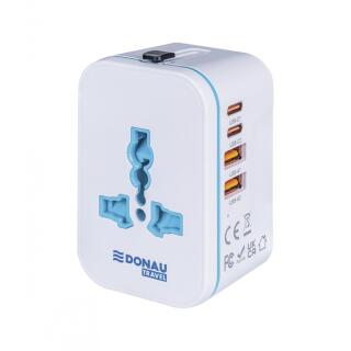 Adapter podróżny Donau TRAVEL 205 USB-C x 2 i USB-A x 2, szybka ładowarka sieciowa, wtyczka EU, UK, USA, AUS biały