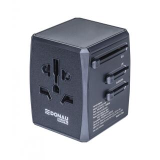 Adapter podróżny Donau TRAVEL 904 USB-C x 2 i USB-A x 2, szybka ładowarka sieciowa, wtyczka EU, UK, USA, AUS czarny