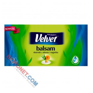 Chusteczki higieniczne 3-warstwowe białe Velvet Balsam Eco Pack, listki z ekstraktem z aloesu i nagietka, w pudełku 70 sztuk