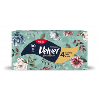 Chusteczki higieniczne 4-warstwowe białe Velvet Excellence, listki w pudełku 90 sztuk