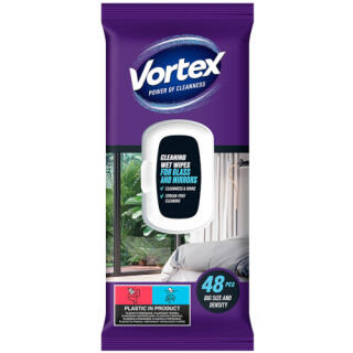 Chusteczki nawilżane VORTEX, do szyb i luster, ściereczki jednorazowe, opakowanie z klapką 48 sztuk