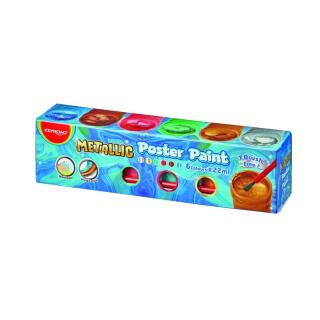 Farby plakatowe w słoiczkach 22 ml KEYROAD Metallic, kolory metaliczne w pudełku z pędzelkiem 6 kolorów