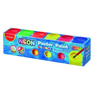 Farby plakatowe w słoiczkach 22 ml KEYROAD Neon, kolory neonowe w pudełku z pędzelkiem 6 kolorów