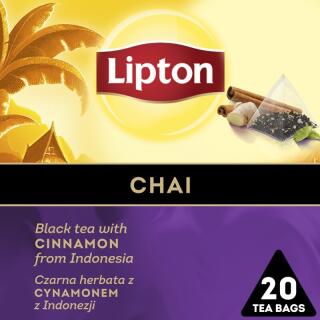 Herbata czarna Lipton Discovery Collection Chai z Cynamonem z Indonezji, aromatyzowana, torebki piramidki 20 torebek