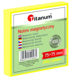 Karteczki elektrostatyczne Titanum 75 x 75 mm, magnetyczny bloczek 100 kartek żółty