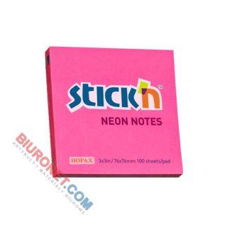 Karteczki samoprzylepne Stick'n 76x76 mm, neonowy bloczek 100 kartek ciemnoróżowy