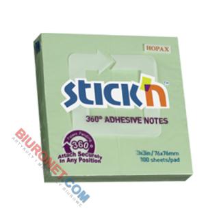 Karteczki samoprzylepne Stick'n z klejem 360 stopni 76x76 mm, bloczek 100 kartek zielony