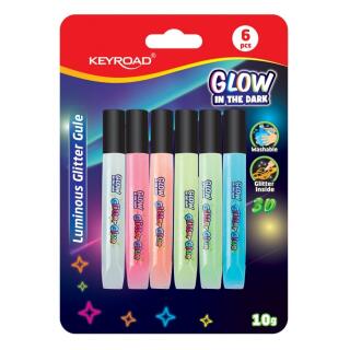 Klej szkolny w płynie z brokatem KEYROAD Luminious Glitter Glue, fluorescencyjny świecący w ciemności 6 x 10 ml