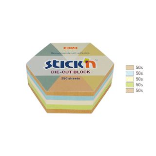 Kostka karteczek samoprzylepnych Stick'n Hexagon 61 x 70 mm, 5 kolorów,  papier kraft z recyklingu 1 x 250 kartek