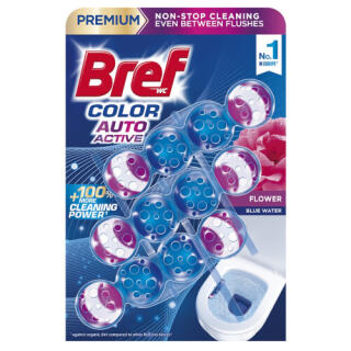 Kostka toaletowa Bref Color Auto Aktiv Flower 50 g, barwiąca zawieszka do WC 3 sztuki