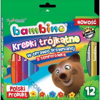 Kredki ołówkowe drewniane Bambino trójkątne, zestaw z temperówką 12 kolorów