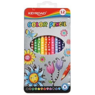 Kredki ołówkowe drewniane KEYROAD Colour Pencils w metalowym pudełku, trójkątne 12 kolorów