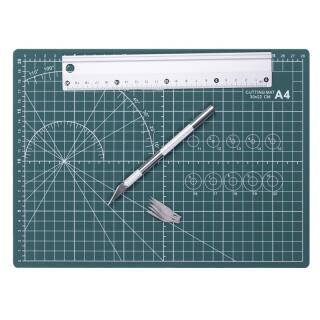 Mata do cięcia zestaw z linijką aluminiową i nożykiem GIMBOO A4
 zielona