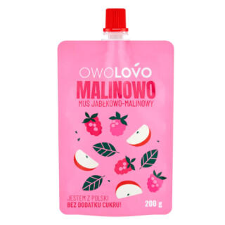 Mus owocowy jabłkowo-malinowy bez cukru OwoLovo Malinowo, tubka 200 g