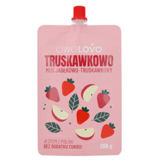 Mus owocowy jabłkowo-truskawkowy bez cukru OwoLovo Truskawkowo, tubka 200 g