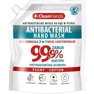 Mydło w płynie Clean Hands Antybakteryjne 1000 ml, zapas uzupełniający w worku peonia i bawełna