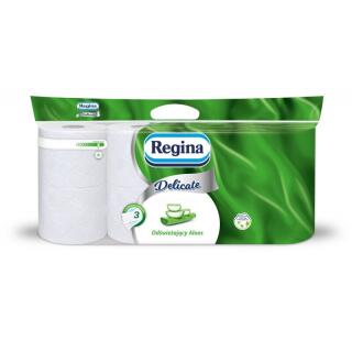 Papier toaletowy 3-warstwowy Regina Delicate Odświeżający Aloes 18 m, standardowe białe rolki premium z celulozy 8 rolek x 150 listków