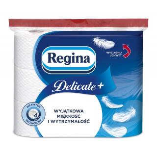 Papier toaletowy 4-warstwowy Regina Delicate+ 12,5 m, standardowe białe rolki premium z celulozy 9 rolek x 100 listków