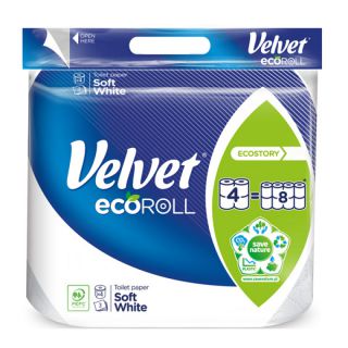 Papier toaletowy Velvet Delikatnie Biały ecoROLL, standardowy biały papier celulozowy, 3-warstwowy 4 rolki x 300 listków
