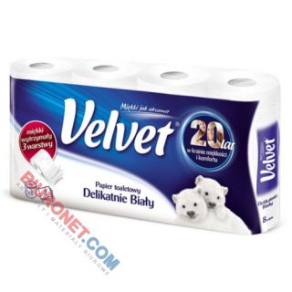Papier toaletowy Velvet Delikatnie Biały, standardowy biały papier celulozowy, 3-warstwowy 8 rolek