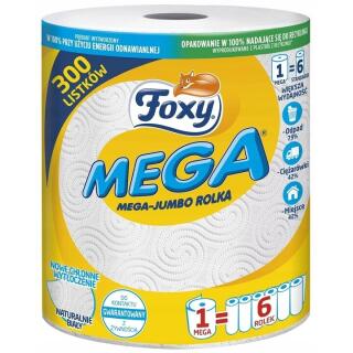Ręczniki papierowe Foxy MEGA Jumbo 66 m, kuchenne, biały papier celulozowy, 2-warstwowy 1 rolka x 300 listków