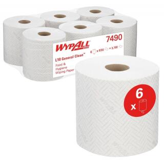 Ręczniki papierowe w rolce centralnie odwijane Kimberly-Clark WyPall L10 General Clean 7490, białe 1-warstwowe 6 rolek x 239,4 m