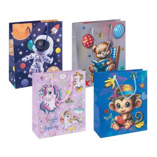 Torebka ozdobna na prezenty Donau HOME 25 x 30 x 10 cm, dziecięca, laminowana papierowa ze sznurkiem, 12 sztuk mix wzorów