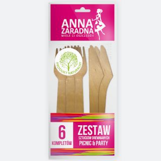 Widelce i noże drewniane Anna Zaradna 16 cm, jednorazowe sztućce biodegradowalne 12 sztuk