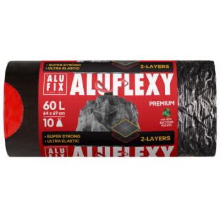 Worki na odpady ALUFIX Aluflexy Premium LDPE, mocne i elastyczne, 2-warstwowe, ściągane taśmą, szare 60L x 10 sztuk