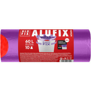 Worki na odpady ALUFIX Premium Elastic Fit LDPE, z elastyczną opaską na kosz, ściągane taśmą, fioletowe 60L x 10 sztuk
