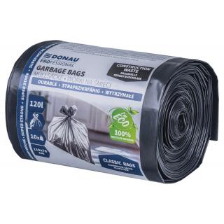 Worki na odpady budowlane bez wiązania Donau PROFESSIONAL, mocne i wytrzymałe, folia LDPE 142 mikrony z recyklingu, czarne 120L x 10 sztuk