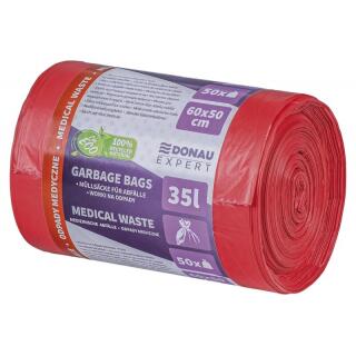Worki na odpady medyczne bez wiązania Donau EXPERT, folia LDPE z recyklingu, czerwone 35L x 50 sztuk
