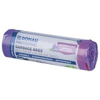 Worki na odpady ściągane taśmą Donau PROFESSIONAL, mocne i wytrzymałe, folia LDPE z recyklingu, fioletowe o zapachu lawendy 35L x 15 sztuk