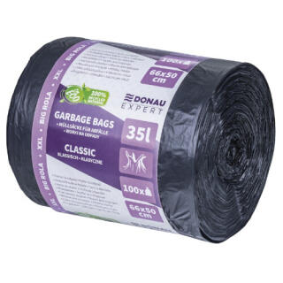 Worki na odpady wiązane z uszami Donau EXPERT, folia LDPE z recyklingu, czarne 35L x 100 sztuk