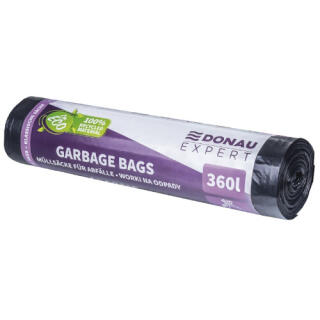 Worki na odpady wiązane z uszami Donau EXPERT, folia LDPE z recyklingu, czarne 360L x 10 sztuk