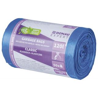 Worki na odpady wiązane z uszami Donau EXPERT, folia LDPE z recyklingu, niebieskie 120L x 50 sztuk